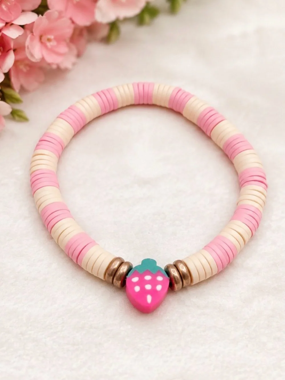 Kids Pink Strawberry Charm Bead Stretch Bracelet